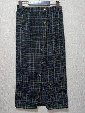 Autu Green Check Button-Front Pencil Skirt Mc